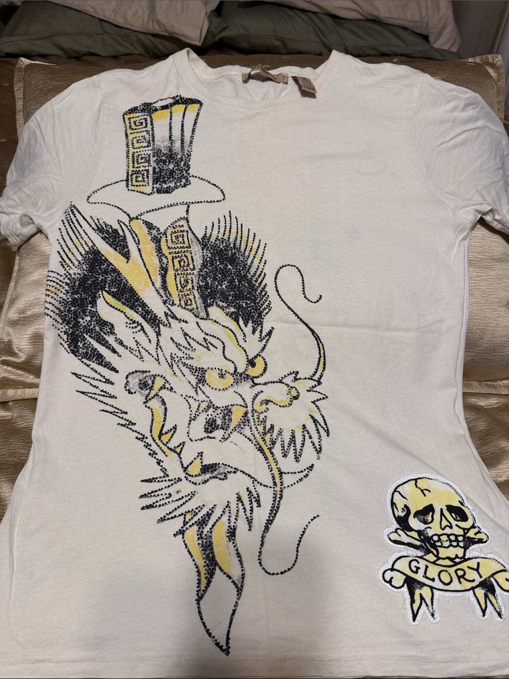 White Graphic Dragon Tee with Yellow Accents